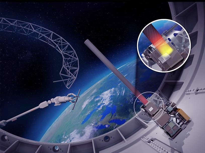 Artist's concept depicts structural assembly and novel composite-forming process experiments to be conducted in space in 2026 during Phase 3 of DARPA's NOM4D program. (Source: University of Illinois Urbana-Champaign)