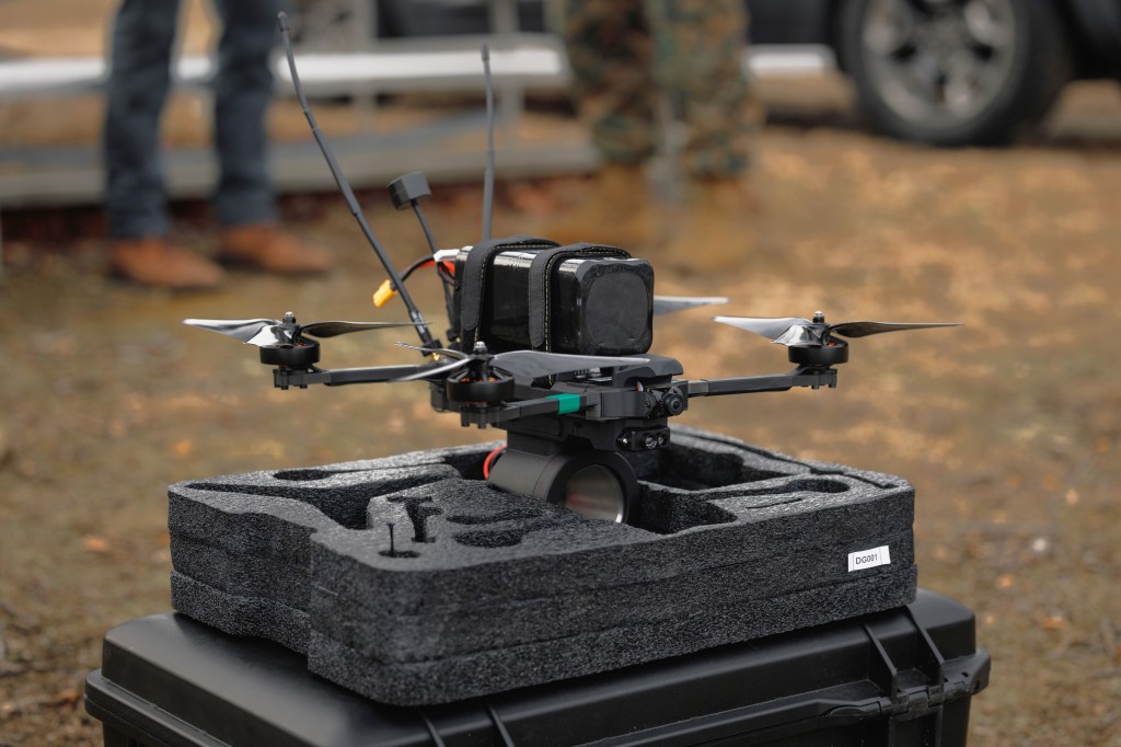 A Neros Archer first-person view drone sits on a case during a demonstration range at Weapons Training Battalion on Marine Corps Base Quantico, Virginia, March 7, 2025. The Marine Corps Attack Drone Team used the Neros Archer FPV drone to engage targets on the range to showcase the drone’s capabilities on the battlefield. (U.S. Marine Corps photo by Cpl. Joshua Barker)