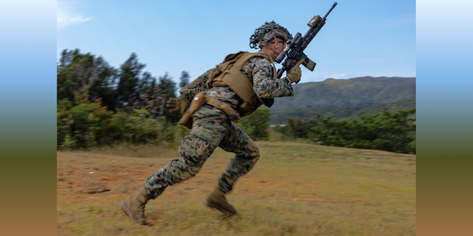 A U.S. Marine with 3d Marine Division bounds during a live-fire range on Camp Hansen, Okinawa, Japan, Feb. 14, 2025. The four-day field exercise focused on marksmanship skills and fire team fire and movement, strengthening the unit’s combat capabilities. Live-fire ranges give Marines the opportunity to engage and destroy targets in a dynamic environment, enhancing battlefield effectiveness. (U.S. Marine Corps photo by Lance Cpl. Rodney Frye)