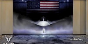 Shown is a graphical artist rendering of the Next Generation Air Dominance (NGAD) Platform. The rendering highlights the Air Force’s sixth generation fighter, the F-47. The NGAD Platform will bring lethal, next-generation technologies to ensure air superiority for the Joint Force in any conflict. (U.S. Air Force graphic)