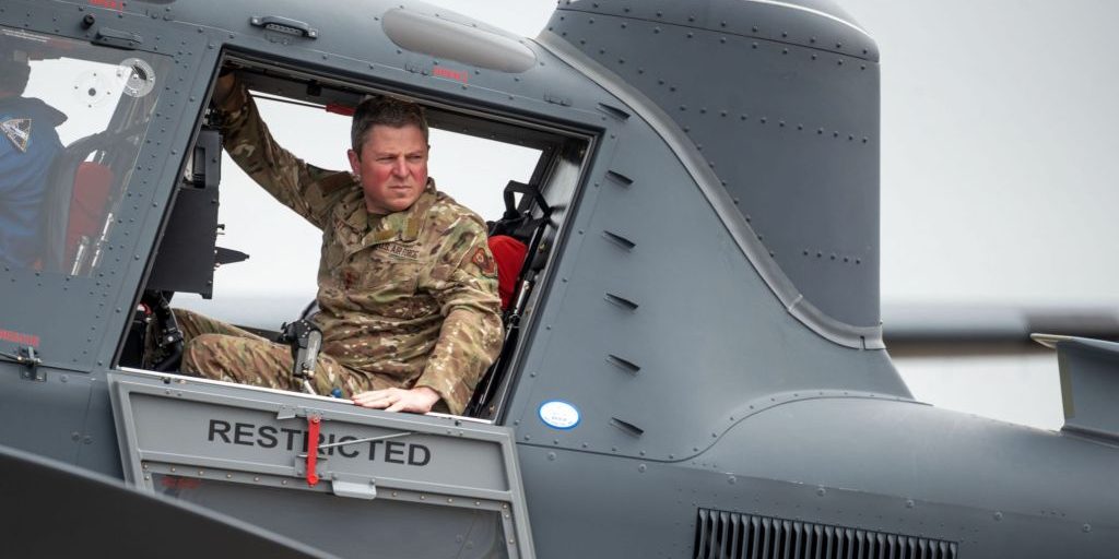 U.S. Air Force Lt. Gen. Michael Conley, Air Force Special Operations Command commander, steps from the OA-1K Skyraider II as part of a delivery ceremony at Hurlburt Field, Florida, April 3, 2025. The ceremony recognized the delivery of the first missionized OA-1K Skyraider II to AFSOC. (U.S. Air Force photo by Staff Sgt. Natalie Fiorilli)