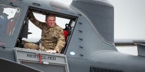 U.S. Air Force Lt. Gen. Michael Conley, Air Force Special Operations Command commander, steps from the OA-1K Skyraider II as part of a delivery ceremony at Hurlburt Field, Florida, April 3, 2025. The ceremony recognized the delivery of the first missionized OA-1K Skyraider II to AFSOC. (U.S. Air Force photo by Staff Sgt. Natalie Fiorilli)