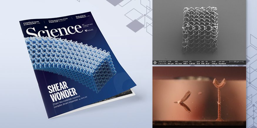 Researchers from Lawrence Livermore National Laboratory, the California Institute of Technology and Princeton University have introduced a revolutionary new class of materials known as 3D polycatenated architected materials. These intricate structures can behave with both solid and liquid-like properties and have the potential to impact industries ranging from engineering to medicine. (Graphic: Dan Herchek/LLNL. Photos: Xiaoxing Xia. Cover image reprinted with permission from AAAS)