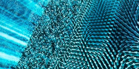 Illustration of the material’s transition, with time represented from left to right. A laser pulse (left) sends the material into disorder (middle). Out of this so-called soup phase emerges a highly ordered phase called a supercrystal (right). (Image by Argonne National Laboratory.)