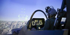 A pilot trains in the Joint Simulation Environment (JSE) at the Naval Air Warfare Center Aircraft Division in Patuxent River, Md. Tactical pilots from the Marine Corps and Air Force conducted the first-ever joint training exercise flying simulated combat missions together in F-35 and F-22 fifth-generation fighter jets in the JSE on March 24-27, 2024. (U.S. Navy photo by Terri Thomas)