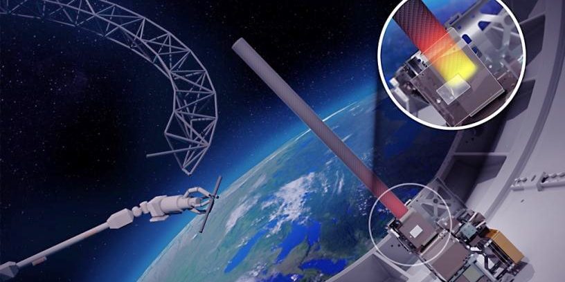 Artist's concept depicts structural assembly and novel composite-forming process experiments to be conducted in space in 2026 during Phase 3 of DARPA's NOM4D program. (Source: University of Illinois Urbana-Champaign)
